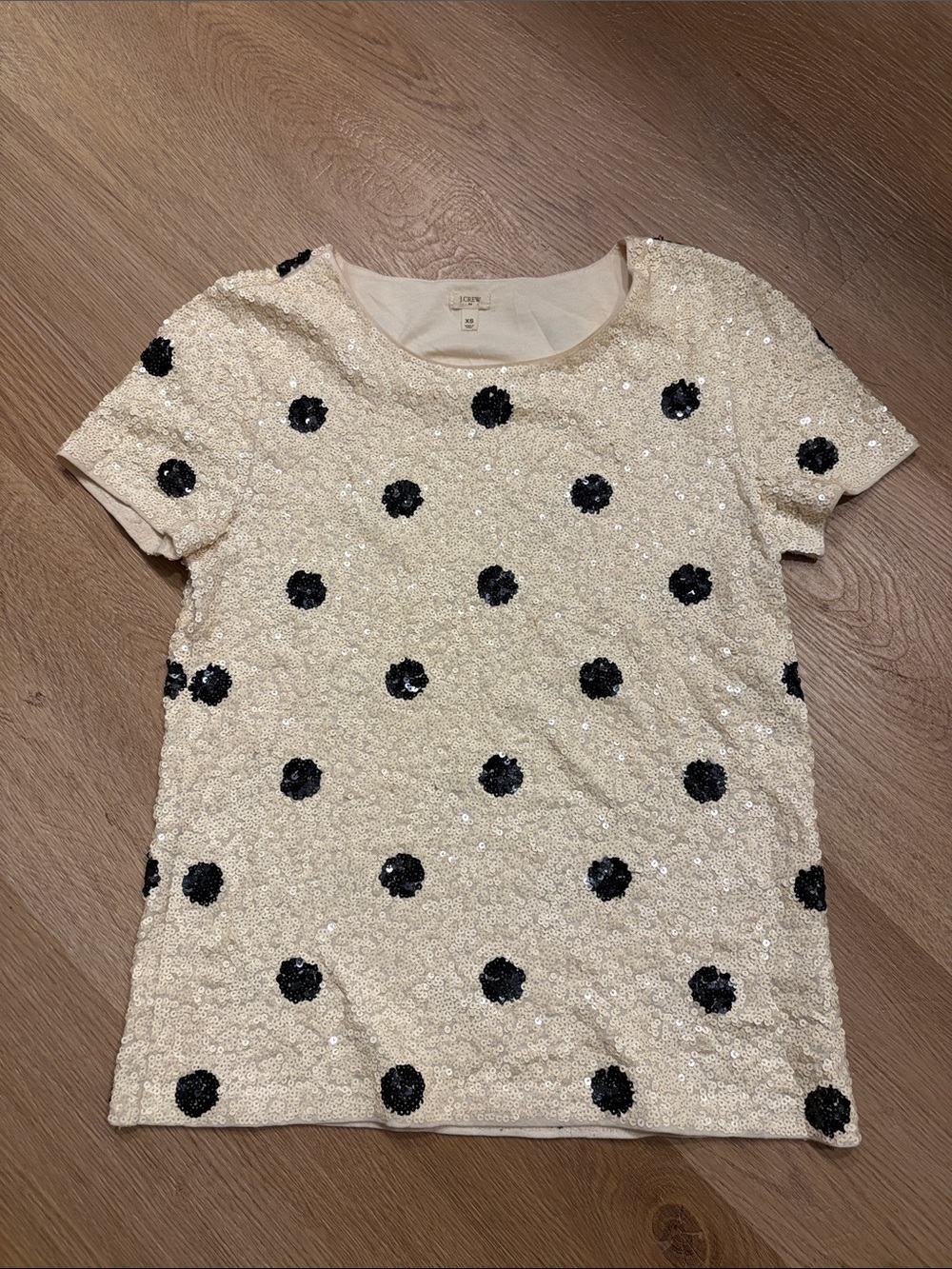 J. Crew Cream Sequin Short Sleeve Tee with Black Sequin Polka Dots